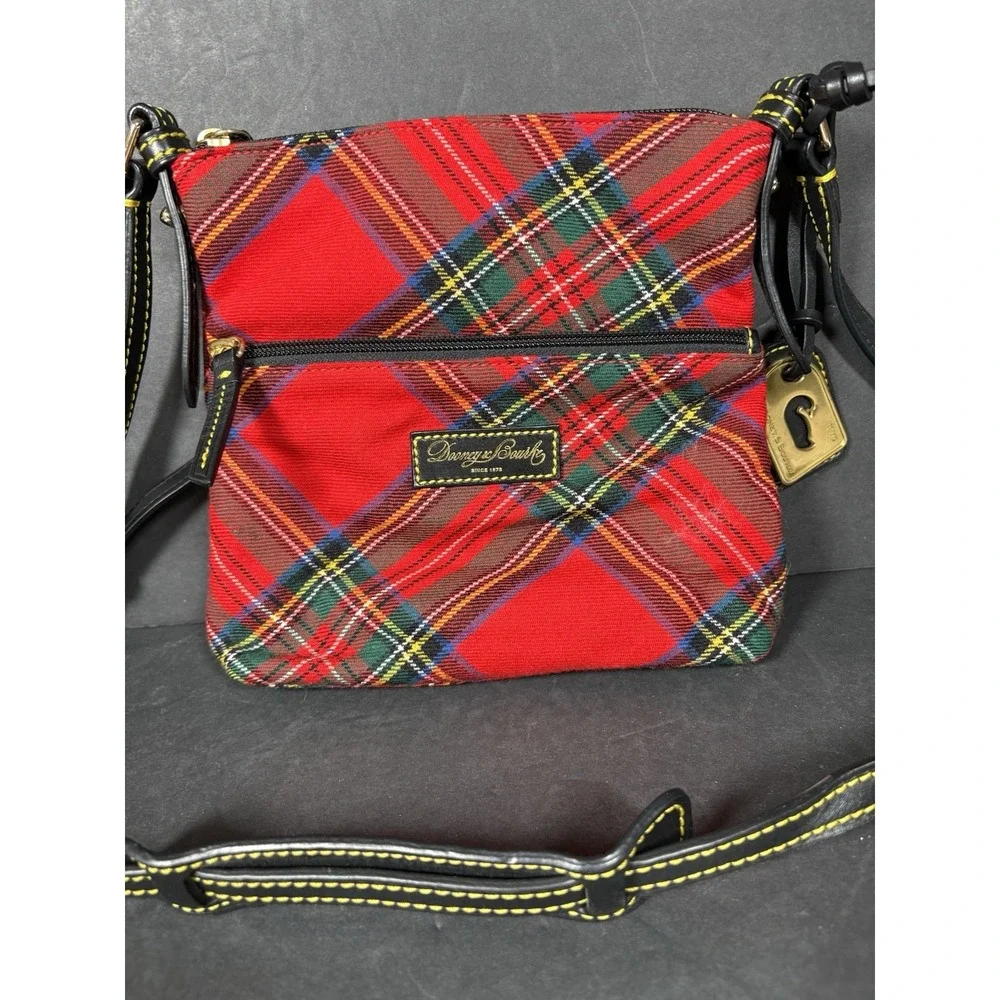 Vintage Y2K Dooney Bourke Red Tartan Plaid Crossbody Shoulder Bag Leather Trim